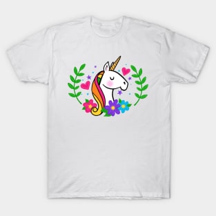 Colorful Rainbow Unicorn with Flowers T-Shirt